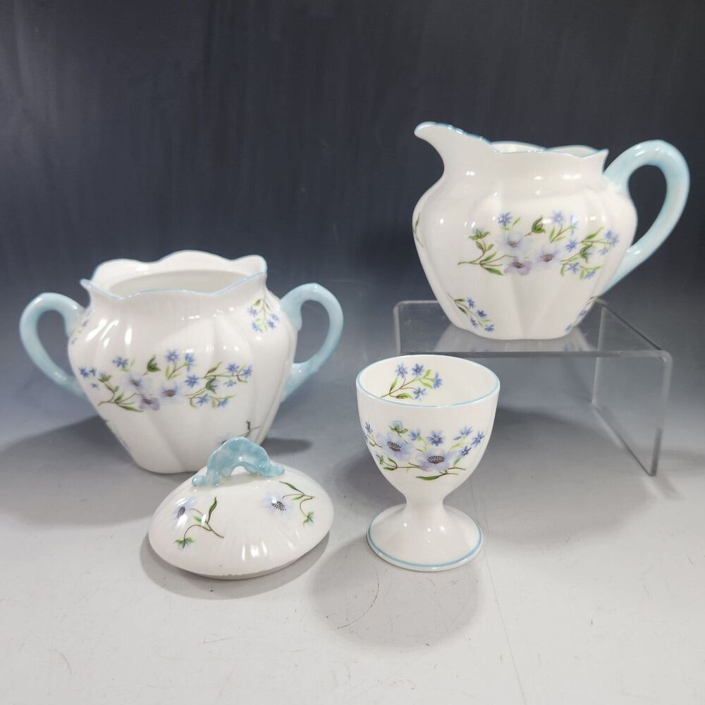 Shelley Blue Rock Covered Sugar & Creamer Set w Matching Egg Cup Bone China VTG